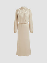 Stand Collar Solid Ruched Long Sleeve Maxi Dress