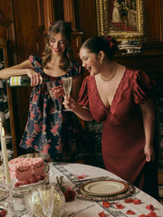 Satin V-neck Lace Puff Sleeve Knotted Maxi Dress Curve & Plus