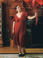Satin V-neck Lace Puff Sleeve Knotted Maxi Dress Curve & Plus