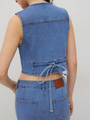 High Stretch Denim V-neck Knotted Crop Vest