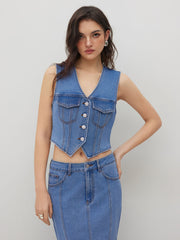 High Stretch Denim V-neck Knotted Crop Vest