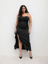 Satin Sweetheart Lace Split Ruffle Hem Corset Maxi Dress Curve & Plus