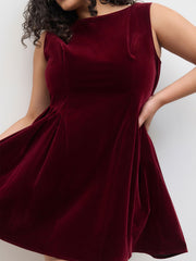 Velvet Boat Neck Bowknot Mini Dress Curve & Plus