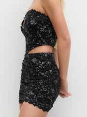 Mesh Floral Heart Cut Out Rhinestone Crop Tube Top