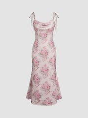 Satin Floral Ruched Slip Maxi Dress