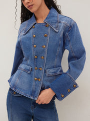 Denim Double Breasted Curved Hem Jacket