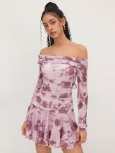 Mesh Off-shoulder Floral Ruched Ruffle Mini Dress
