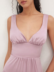 Satin V-neck Solid Ruffle Zipper Maxi Dress