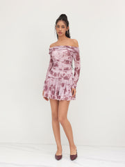 Mesh Off-shoulder Floral Ruched Ruffle Mini Dress