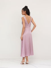 Satin V-neck Solid Ruffle Zipper Maxi Dress