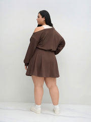 Terry Asymmetrical Neck Ruffle Hem Mini Dress Curve & Plus