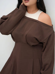 Terry Asymmetrical Neck Ruffle Hem Mini Dress Curve & Plus