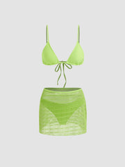 V-neck Triangle Bikini Set With Mesh Sarong