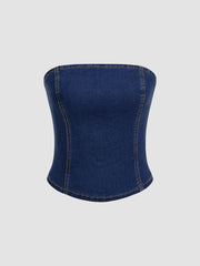 Stretch Denim Shirred Bowknot Crop Bandeau Top