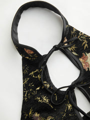 Jacquard Halter Neckline Floral Cut Out Tie Front Mini Dress & FAUX PATENT LEATHER MARY JANE PUMPS