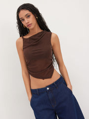 Mesh Asymmetrical Neck Solid Glitter Ruched Tank Top