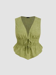100% Cotton V-neck Tie Front Shirred Blouse Curve & Plus