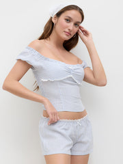 Cotton-blend Stripe Bowknot Top & Mid Rise Broderie Anglaise Trim Shorts Set