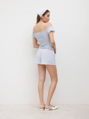 Cotton-blend Stripe Bowknot Top & Mid Rise Broderie Anglaise Trim Shorts Set