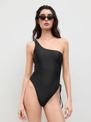 Shaping Asymmetrical Neck Drawstring Ruched One Piece Swimsuit