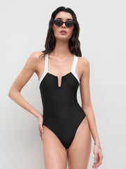 Shaping V-neck Contrasting Binding Criss Cross One Piece Swimsuit