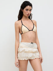 V-neck Contrasting Binding Halter Bikini Set & Bowknot Tiered Cover Up Skirt