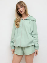 Hooded Zip Through Elastic Waist Drawstring Oversized Jacket