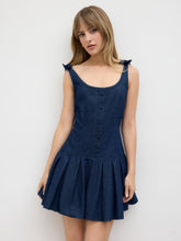 Denim U-neckline Pleated Bowknot Mini Dress