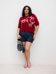 Knit Round Neckline Bowknot Graphic Top Curve & Plus