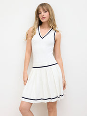 Cable Knit V-neck Pleated Contrasting Binding Mini Dress