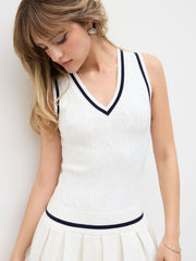 Cable Knit V-neck Pleated Contrasting Binding Mini Dress