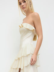 Satin Bandeau Split Layered Ruffle Hem Maxi Dress