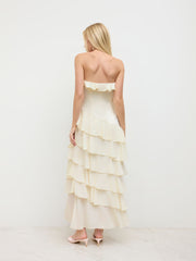 Satin Bandeau Split Layered Ruffle Hem Maxi Dress
