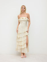 Satin Bandeau Split Layered Ruffle Hem Maxi Dress