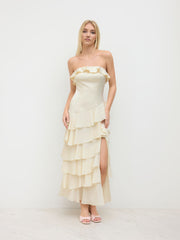 Satin Bandeau Split Layered Ruffle Hem Maxi Dress