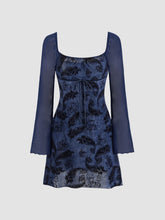 Square Neck Floral Paisley Knotted Long Sleeve Mini Dress