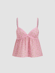 Cotton-blend V-neck Floral Lettuce Trim Ruffle Cami Top