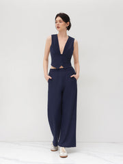 V-neck Striped Belted Vest With Mid Rise Striped Pocket Straight Leg Trousers