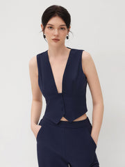 V-neck Striped Belted Vest With Mid Rise Striped Pocket Straight Leg Trousers