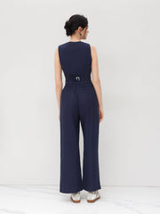 V-neck Striped Belted Vest With Mid Rise Striped Pocket Straight Leg Trousers