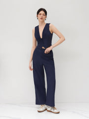 V-neck Striped Belted Vest With Mid Rise Striped Pocket Straight Leg Trousers