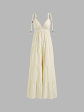 Cotton V-neck Beaded Contrasting Binding Tiered Jumpsuit