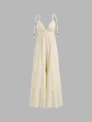 Cotton V-neck Beaded Contrasting Binding Tiered Jumpsuit