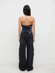 Stretch Denim Shirred Bowknot Crop Bandeau Top