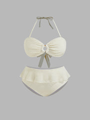 Halter Neckline O-Ring Bowknot Ruffle Hem Full Coverage Bikini Set Curve & Plus