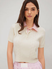 Cable Knit Polo Stripe Two Tone Top
