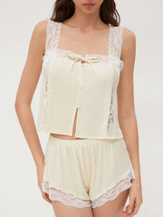 Square Neck Lace Trim Crop Tank Top & Mid Rise Shorts Loungewear Set