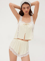Square Neck Lace Trim Crop Tank Top & Mid Rise Shorts Loungewear Set