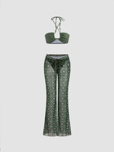 Halter Neckline Criss Cross Cheeky Bikini Set With Floral Cover Up Pants