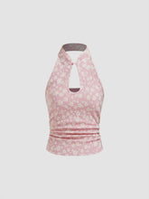 Jacquard Mandarin Collar Floral Cut Out Ruched Tank Top